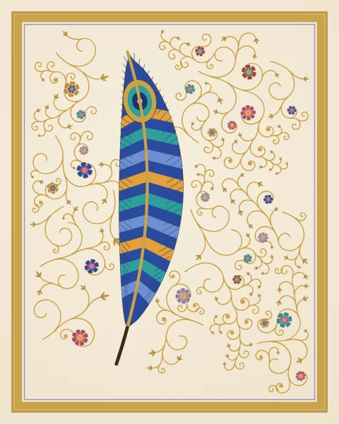 A single long feather with a gold quill, its vane banded in cobalt, turquoise, saffron and rose and ending in a gold eye, set among fine gold scrolls within a gilded frame.
