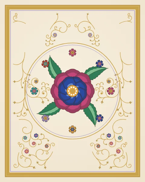 One layered rosette flower in rose, cobalt and saffron with four serrated leaves and a ring of small blossoms, inside a fine gold circle among gold scrolls.