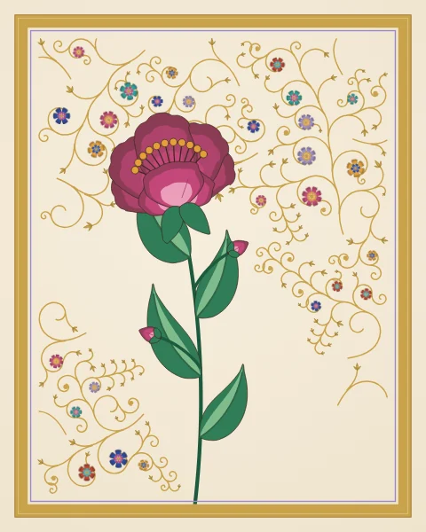 A single rose-pink peony with layered petals on a tall stem with two buds, surrounded by fine gold scrolls carrying small blossoms, within a gilded frame.