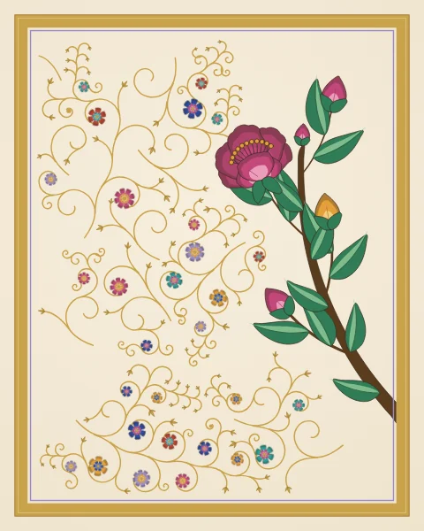 A slender branch reaches in with rose and saffron buds, one open peony and pairs of leaves, against fine gold scrolls and small blossoms.