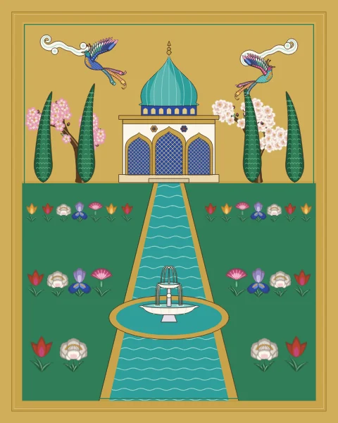 A turquoise water channel runs from a fountain pool to a domed pavilion between beds of flowers, rows of cypresses and blossoming trees, under a gold sky with cloud bands and two birds.