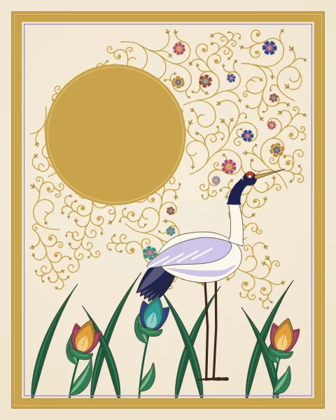 A white crane with a dark neck and red crown stands among reeds and lotus in front of a gold moon.