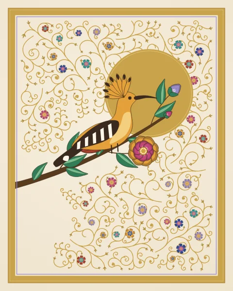 A saffron hoopoe with a black-tipped crest and barred wings perches on a flowering branch beside a gold moon.
