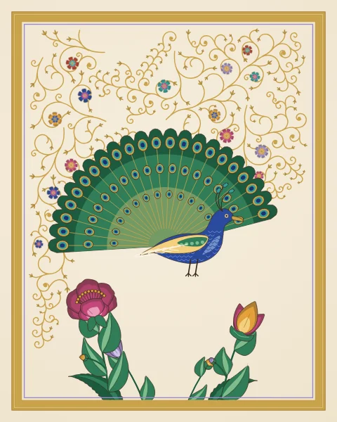A cobalt peacock displays its eyed green train as a full fan above peonies and tulips, among fine gold scrolls within a gilded frame.