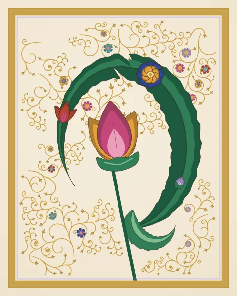 A great serrated saz leaf curls around a rose and saffron lotus, carrying a small rosette, a tulip and a bud along its edge.