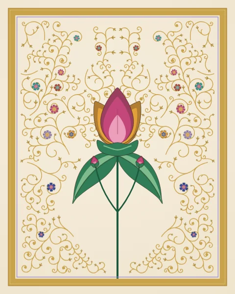 A layered rose and saffron lotus with two buds and curving leaves, framed by fine gold scrolls carrying small blossoms.
