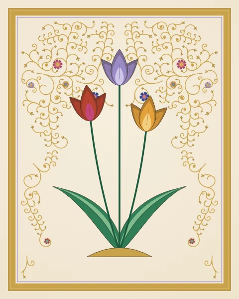 Three tulips in red, lavender and saffron rise from a pair of long leaves and a small gold mound, among fine gold scrolls.