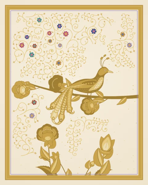 A bird on a flowering branch and a bed of flowers drawn entirely in tones of gold on ivory paper scattered with gold flecks.