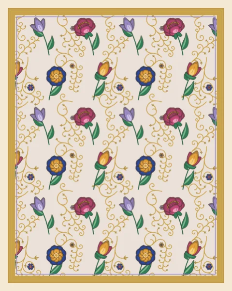 Small peonies, rosettes, tulips and lotus on short stems repeat across a pale lavender ground threaded with gold tendrils and tiny blossoms, within a gilded frame.