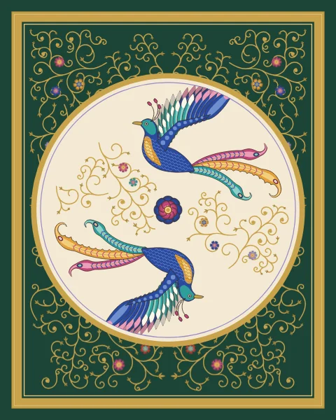 Two birds chase each other round a small rosette inside an ivory roundel set on a deep green ground with lavender peonies.