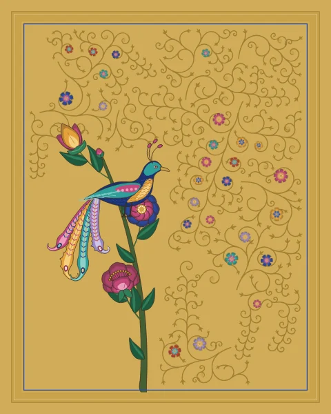 A cobalt and turquoise bird perches near the top of a tall flowering stem of peonies, rosettes and a lotus, on a flat gold ground with darker gold scrolls.
