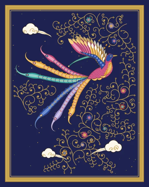 A great simurgh with rose, saffron and cobalt wings and a lyre of long jewelled plumes flies across a midnight sky among white cloud scrolls and gold tendrils.