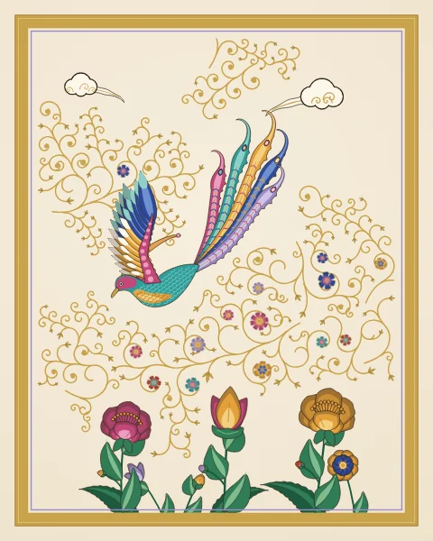 A turquoise phoenix with saw-edged plumes swoops down towards a bed of peonies and lotus, between small white clouds and fine gold scrolls.