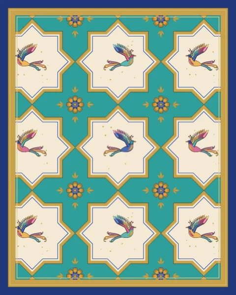 Ivory eight-pointed stars, each holding a small long-tailed bird, alternate with turquoise crosses set with gold rosettes in an allover pattern.