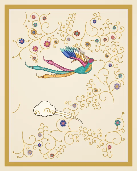 A small phoenix with three trailing plumes glides above a single curling cloud on a quiet ivory ground with light gold tracery.