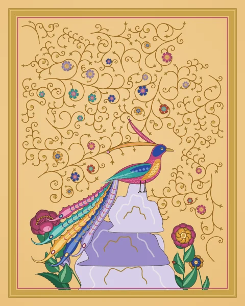 A rose and cobalt phoenix perches on a pale lavender rock, its plumes cascading down the stone towards peonies and tulips, on a warm saffron ground.