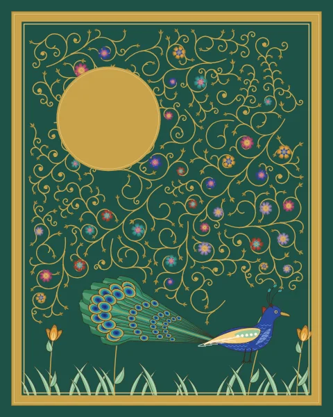 A cobalt peacock walks through tulips and grass under a gold moon, its long eyed train sweeping behind it across a deep jade ground.