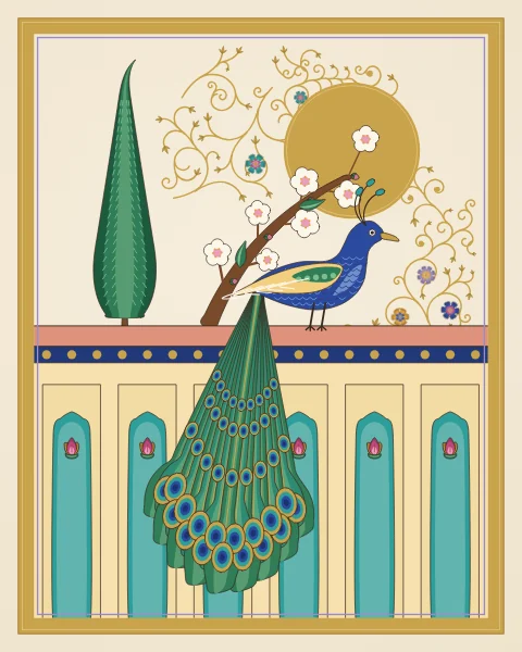 A cobalt peacock stands on the coping of a garden wall with niches and lotus panels, its long eyed train falling down the wall face, with a cypress, almond blossom and a gold moon beyond.