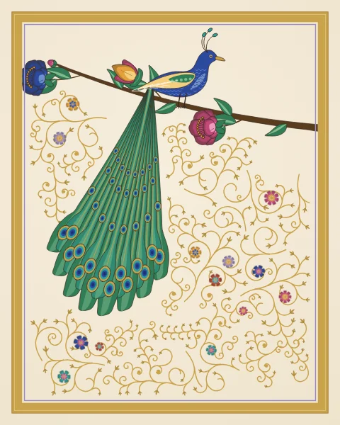 A peacock perches on a flowering branch near the top of the page, its long eyed train hanging down in a slender fan.