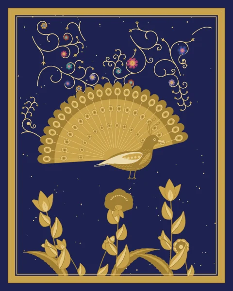 A peacock with its train raised in a full fan stands above a bed of flowers, all in tones of gold on a midnight ground flecked with gold.