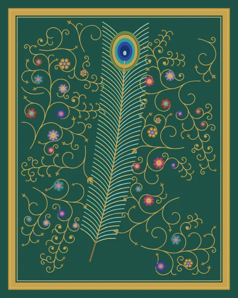A single peacock feather with loose pale green barbs and a jewelled eye rises across a deep jade ground with a light gold tracery.