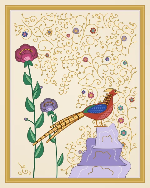 A golden pheasant with a red body, gold cape and long barred tail stands on a lavender rock beside tall peonies.