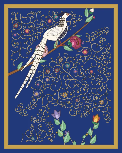 A white silver pheasant with a red face and a long black-barred tail sits on a flowering branch above tulips, on a deep lapis ground.