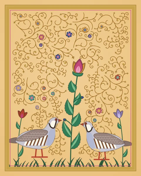 Two chukar partridges with barred flanks and red beaks face each other across a flowering lotus plant, among tulips and grass on a saffron ground.