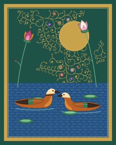 A pair of ruddy shelducks, rust bodies and pale heads, swims on rippled water among lotus flowers and floating leaves, beneath a gold moon on a jade ground.