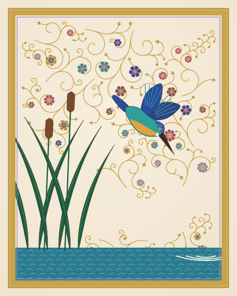 A turquoise and saffron kingfisher dives towards a strip of water beside a clump of reeds and bulrushes, on a quiet ivory ground.