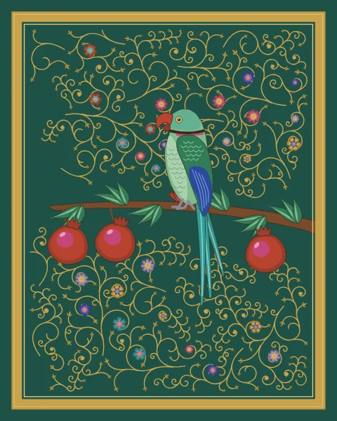 A green parakeet with a red beak and a rose ring at its neck perches on a pomegranate branch hung with three ripe fruits, on a jade ground.