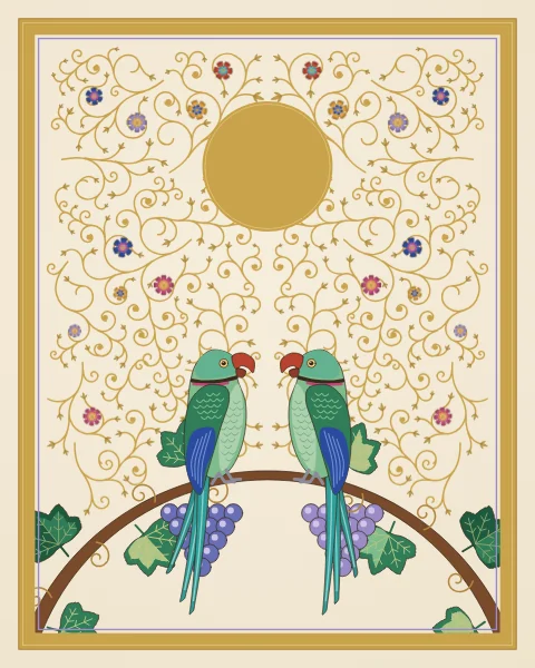 Two parakeets face each other on top of an arching grapevine hung with purple grapes, curling tendrils and leaves, under a small gold moon.