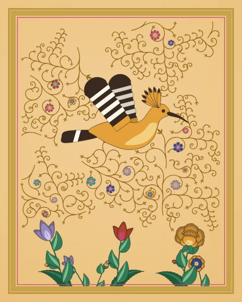 A saffron hoopoe with its crest raised and its black and white barred wings open flies above a bed of tulips and peonies on a saffron ground.