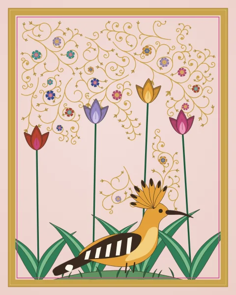 A hoopoe stands on a small green mound among tall tulips in red, lavender, saffron, rose and blue, on a pale rose ground.