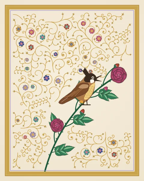 A small brown songbird sings from an arching rose stem with red and pink roses, buds and thorny leaves, on an ivory ground with gold tracery.
