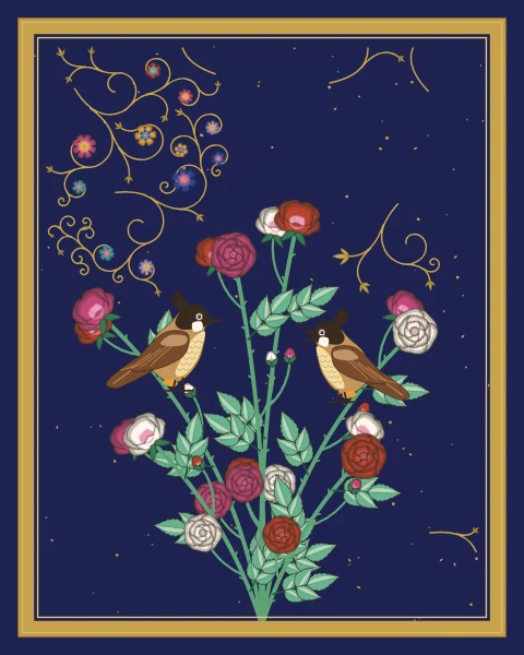Two nightingales perch on a fountain of arching rose stems with red, pink and white roses, on a midnight ground scattered with gold.