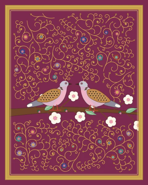 Two turtle doves with barred necks and scaled wings face each other, beaks almost touching, on a branch of white almond blossom on a deep rose ground.