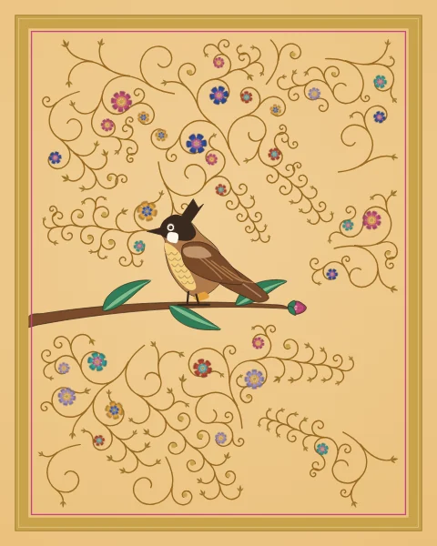 A single crested songbird rests on a slender branch with three leaves and a rose bud, in a wide saffron space with a light gold tracery.