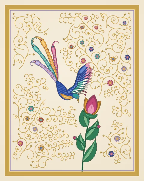 A cobalt bird with banded plumes dives steeply towards a tall rose and saffron lotus, among fine gold scrolls and small blossoms.
