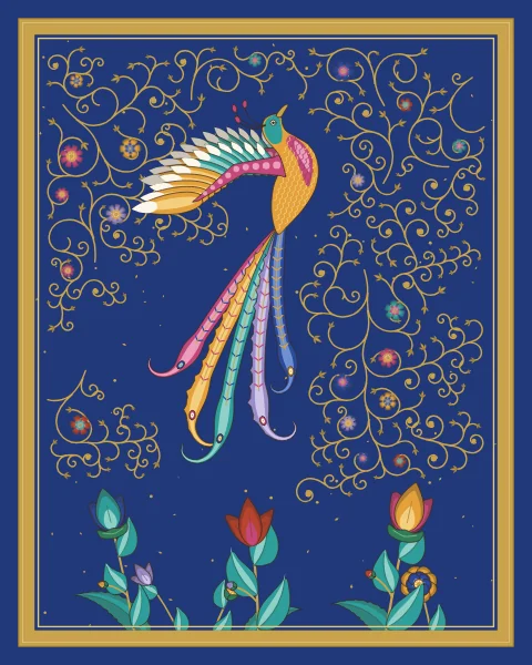 A saffron and turquoise bird rises straight up through a lapis sky flecked with gold, its plumes streaming below it over lotus and tulips.