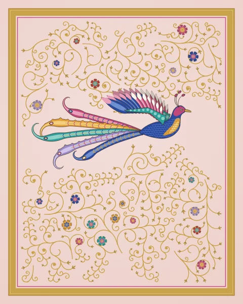 A cobalt and rose bird glides level across a pale rose ground with its wings swept back and five long plumes streaming behind.