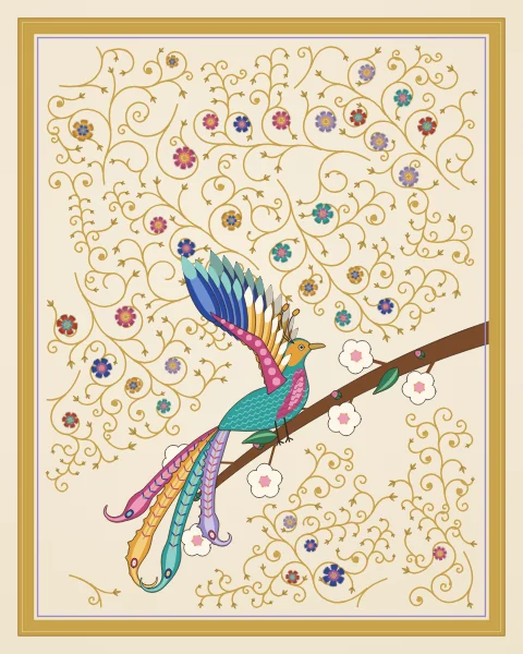 A turquoise and saffron bird lands on a branch of almond blossom with its wings raised and legs reaching for the twig, its plumes trailing below.