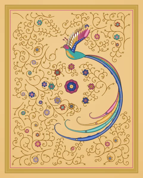 A turquoise bird banks round in a circle so that its four long plumes curve all the way round a small rosette, on a saffron ground.