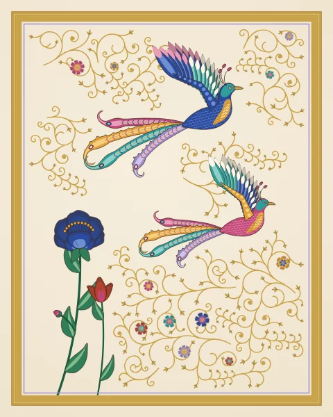 Two long-tailed birds, one cobalt and one rose, fly together in the same direction above a blue peony and a red tulip.