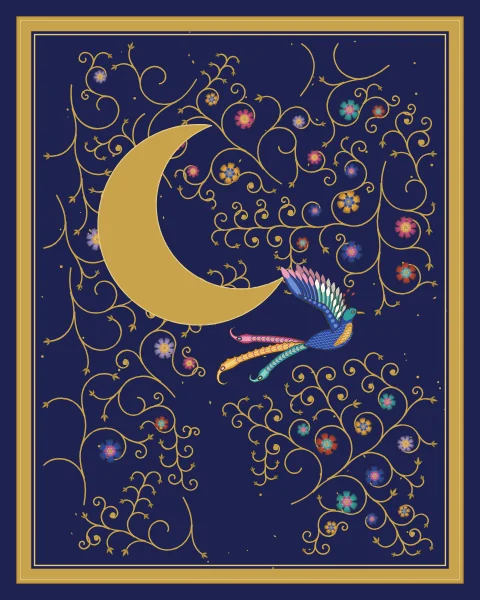 A small long-tailed bird flies below a large gold crescent moon in a midnight sky scattered with gold flecks and fine gold tracery.