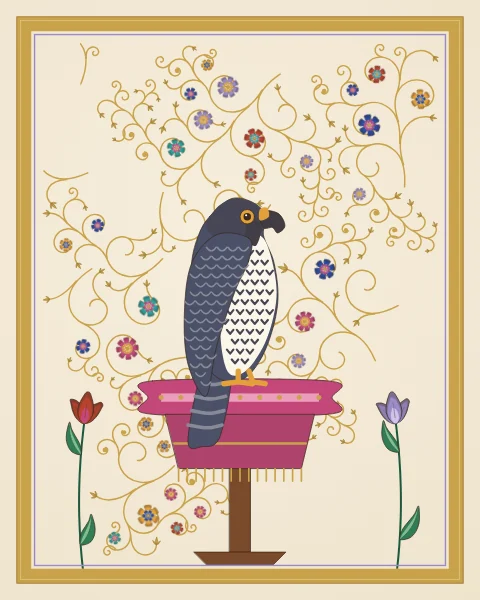 A slate grey falcon with a barred white breast and yellow eye sits on a padded rose perch with a gold fringe, on a plain ivory ground.