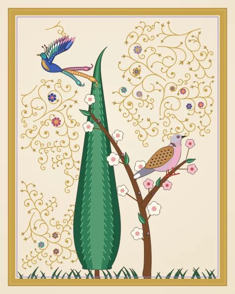 A tall cypress with a curling tip stands beside a branch of almond blossom where a turtle dove perches, while a long-tailed bird flies above.