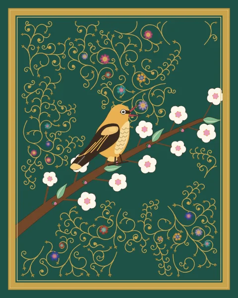 A golden oriole with black wings and tail sings from a slender branch of white almond blossom, on a jade ground with gold scrolls and small flowers.