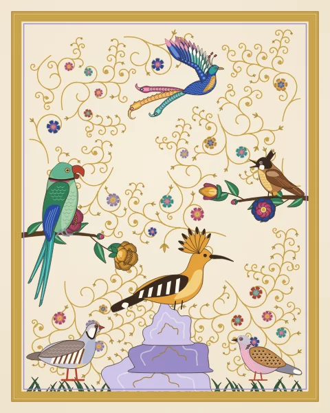A hoopoe stands on a lavender rock while a parrot, a songbird, a partridge and a dove gather around it and a long-tailed bird flies in.