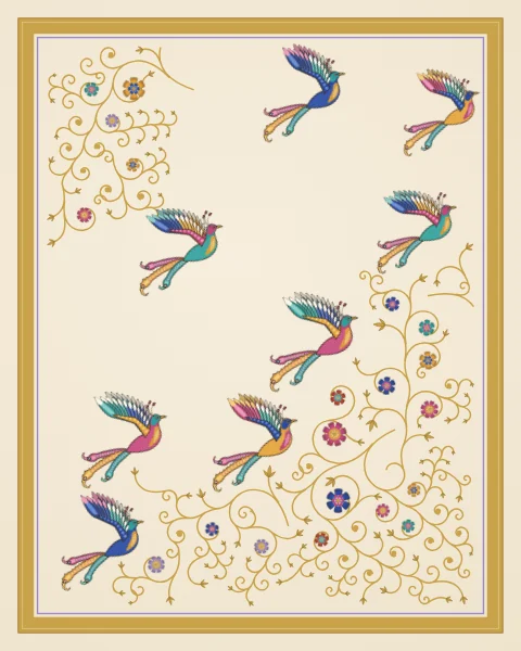 A loose flock of small long-tailed birds in cobalt, rose, turquoise and saffron flies across an ivory ground, rising to the right.